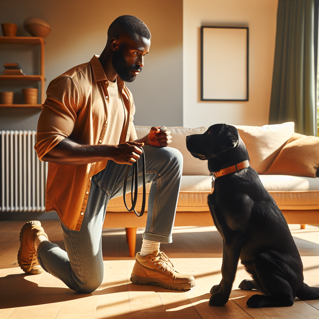 Trainer reinforcing a calm sit-stay to prevent anticipation in a UK home setting