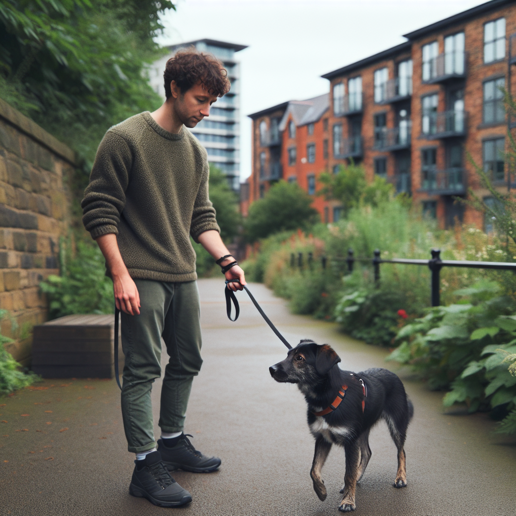 Trainer practising loose lead walking and focus with a mixed breed dog on a quiet Gateshead path