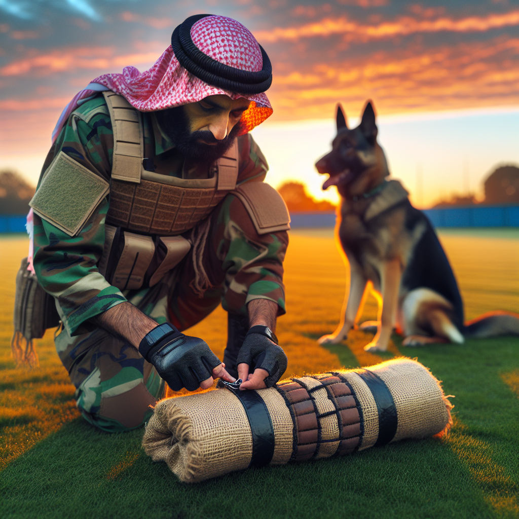 IGP helper checking a jute bite sleeve and wedge for wear while a German Shepherd waits on a UK training field