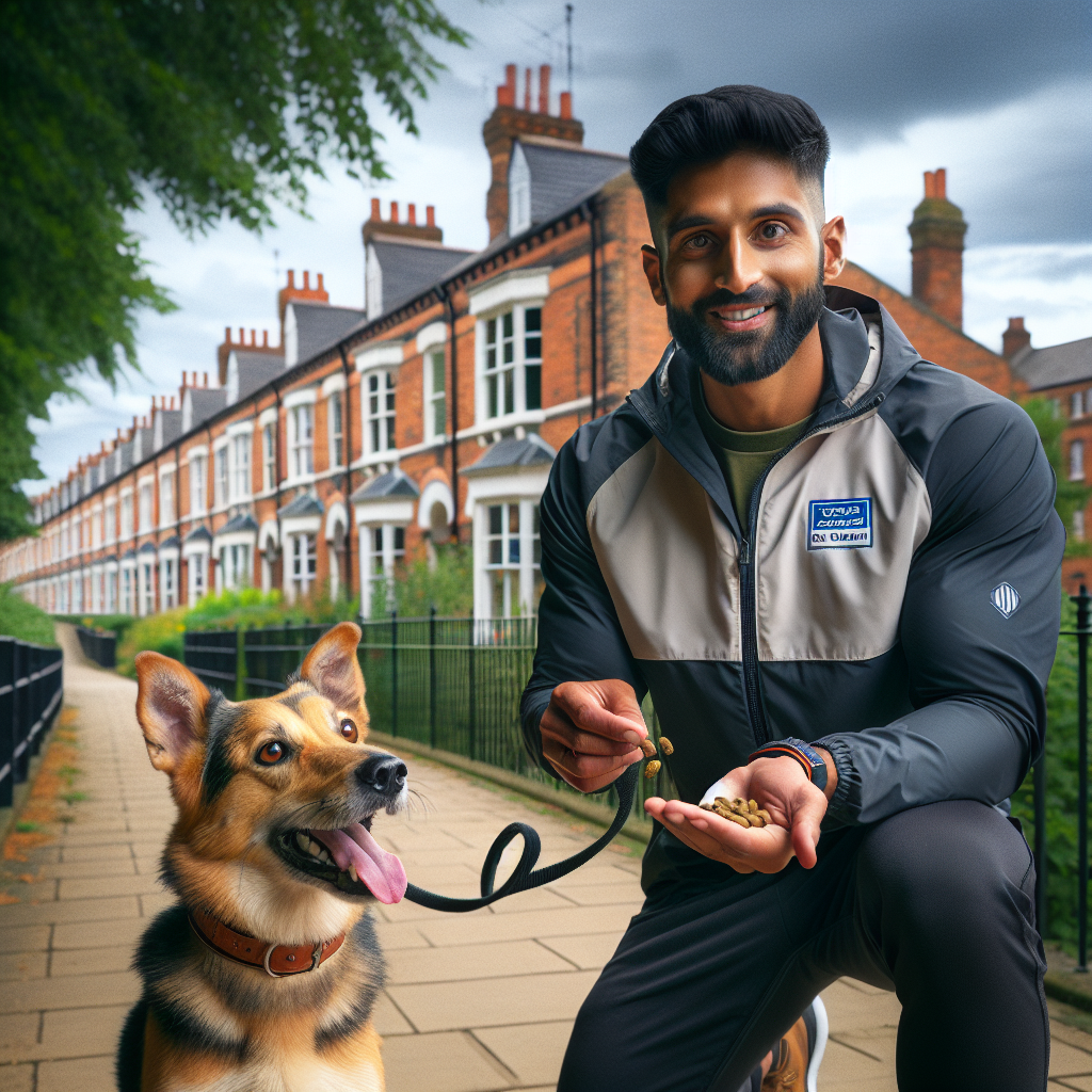 Trainer practising heel and recall with a mixed breed dog on a leafy Lincoln city path
