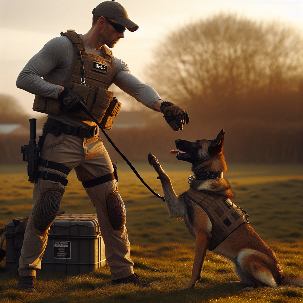 Handler and protection dog practising a clean out and reengagement with a decoy on a UK training field