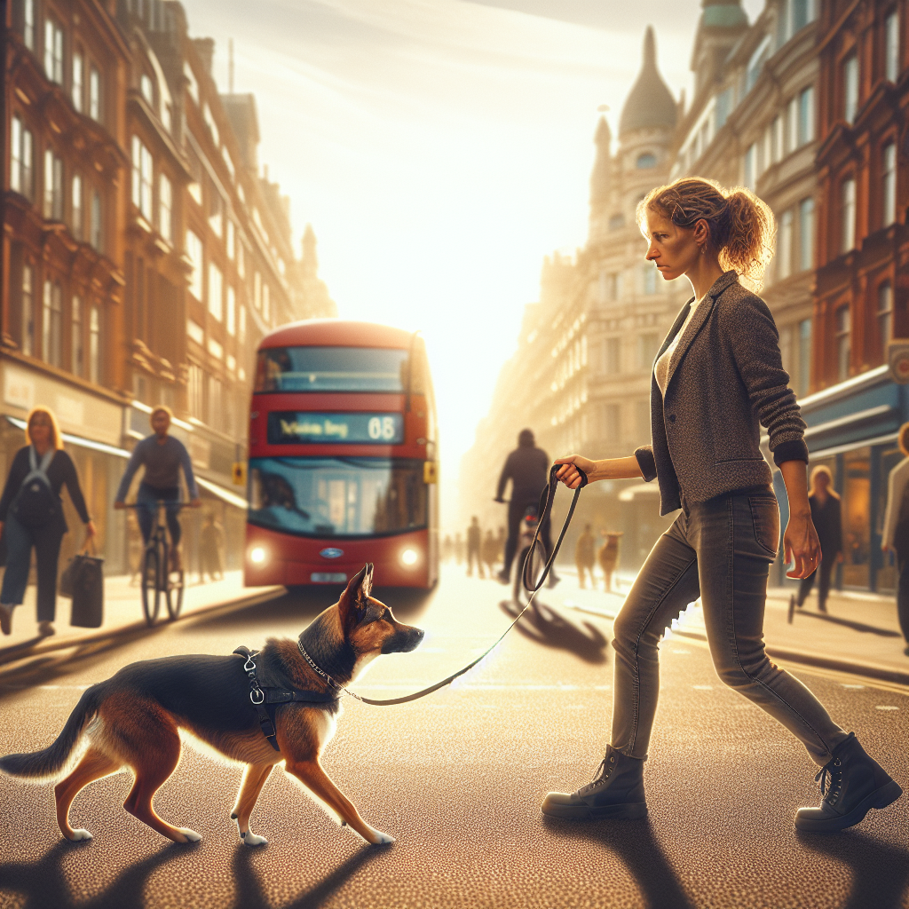 Trainer and mixed breed dog practising focused heelwork on a busy UK high street