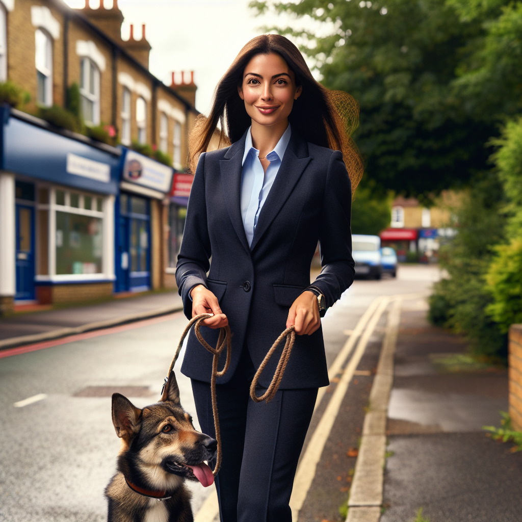 Trainer practising loose lead walking with a mixed breed dog on a leafy Bromley street