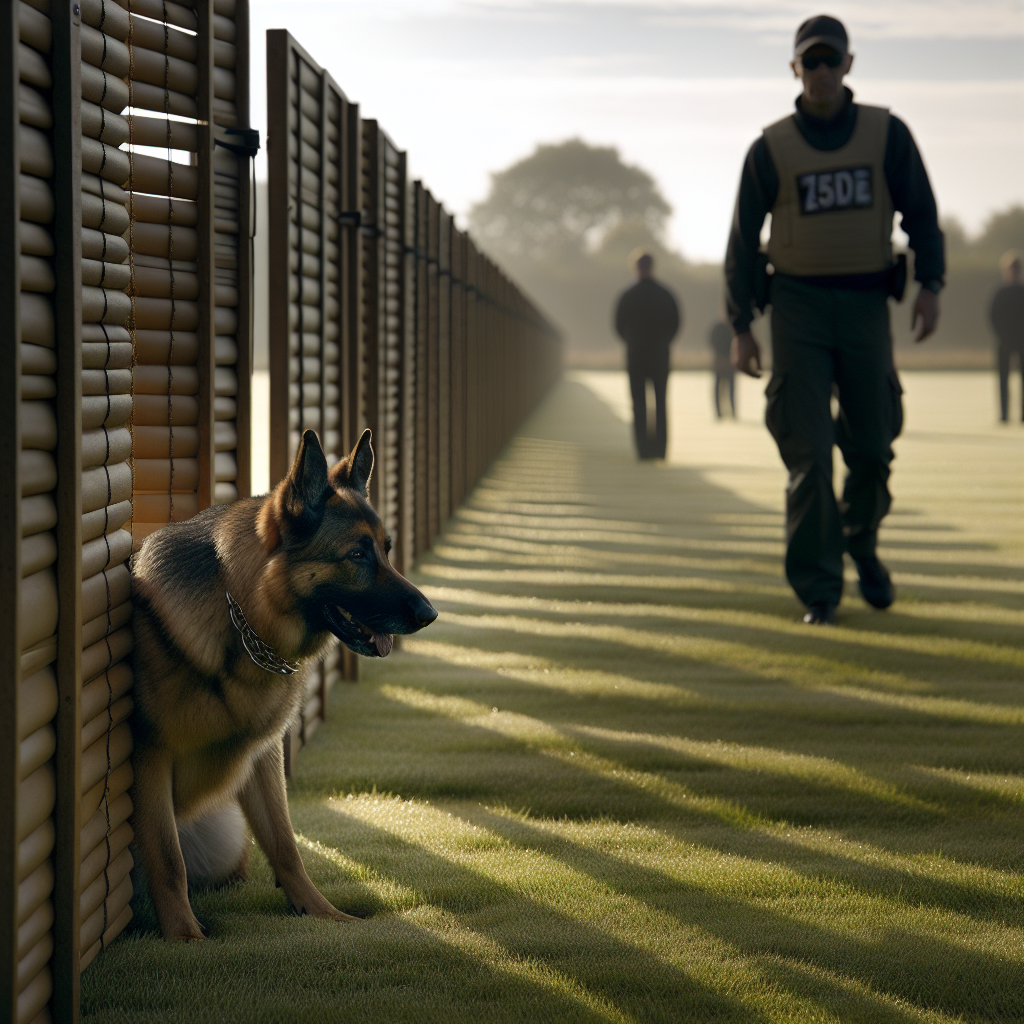 German Shepherd holding a down in an IGP field while the handler is out of sight, calm and neutral under trial conditions
