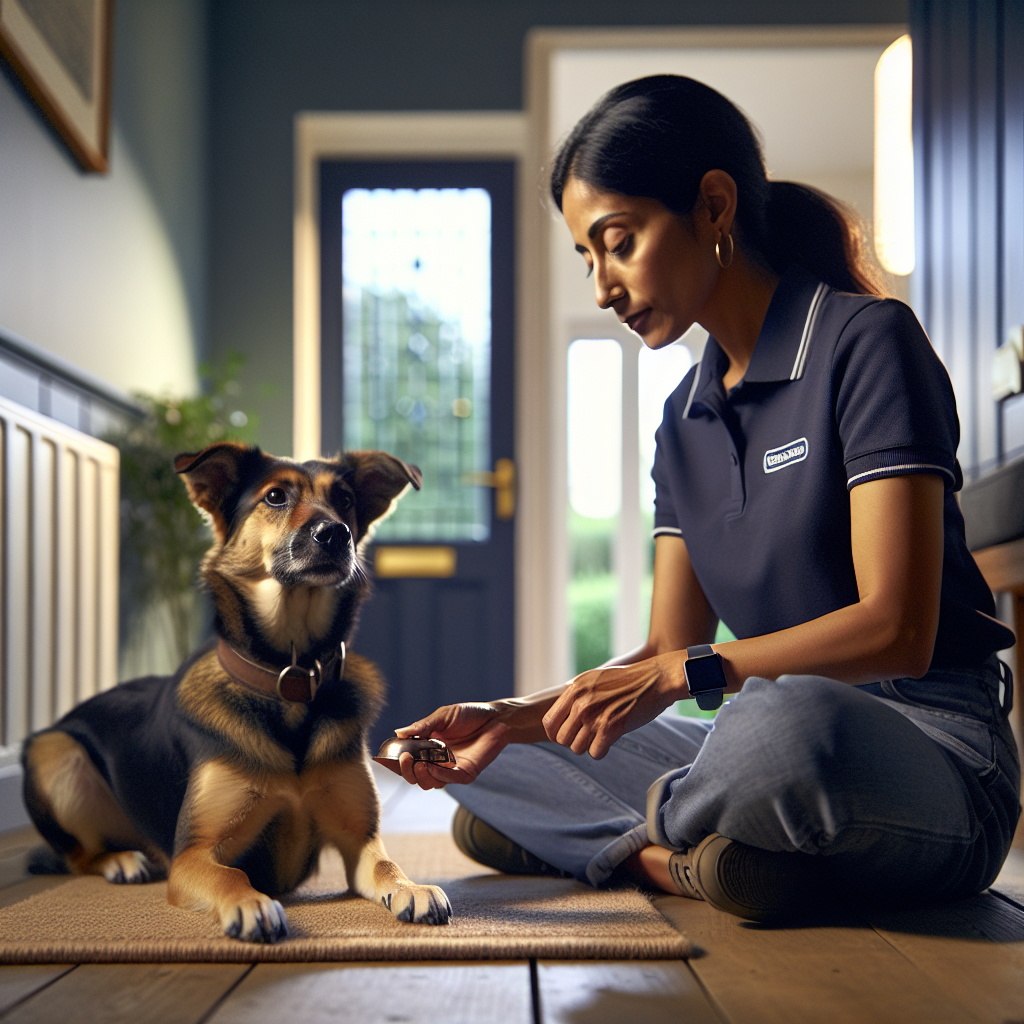 Trainer coaching a dog to relax on a mat while observing early pre bark signals at home