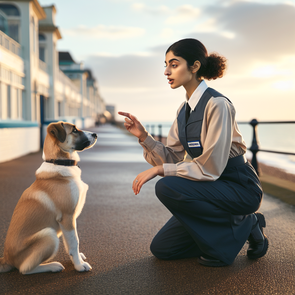Trainer teaching heel and calm sit with a mixed breed dog on a Broadstairs coastal promenade at sunset
