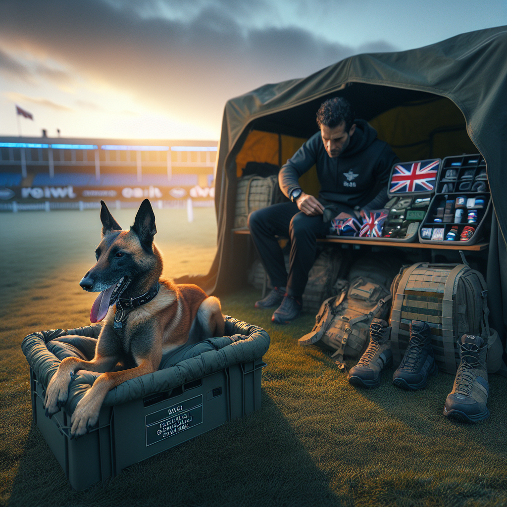 Belgian Malinois resting in a covered crate near an IGP trial field while the handler prepares a minimal warm up