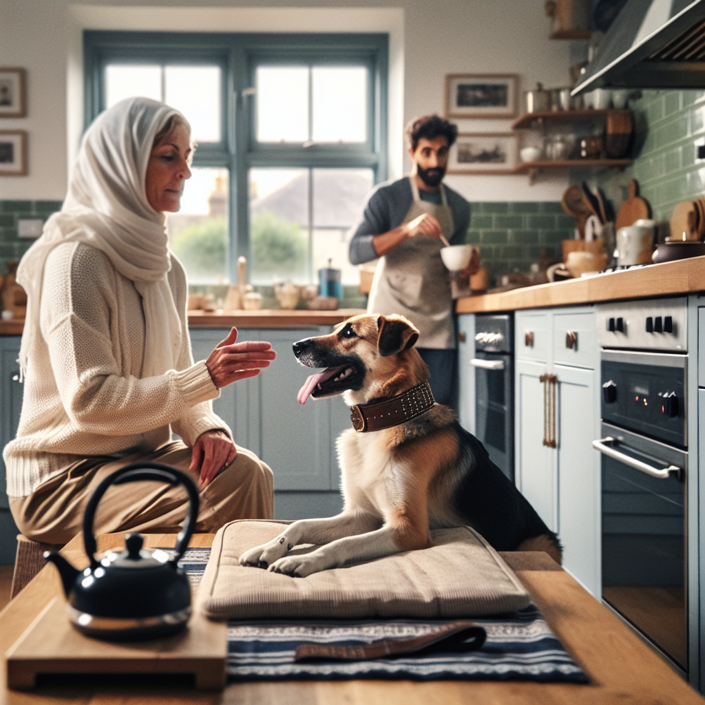Dog holding a calm down stay on a mat in a UK kitchen while a trainer coaches and the owner prepares tea