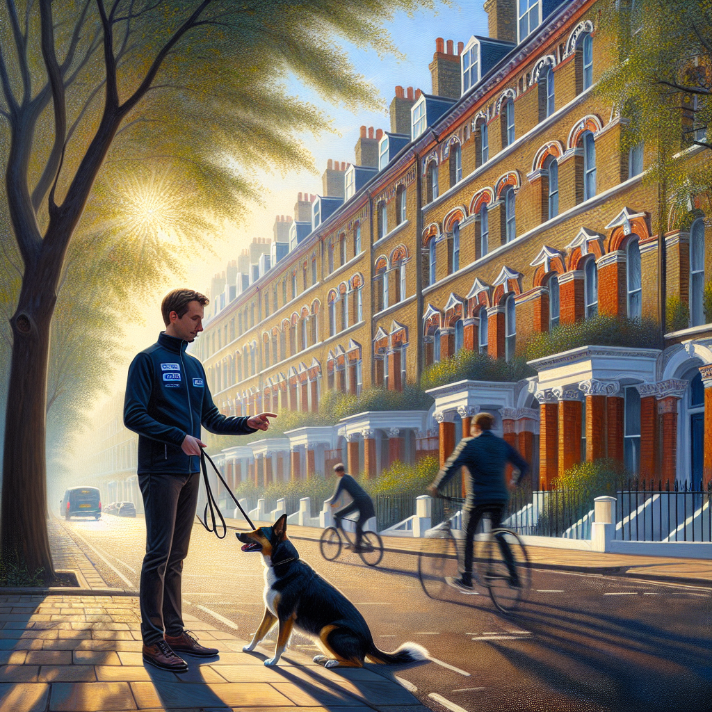 Smart Dog Trainer teaching loose lead walking on a leafy Islington street