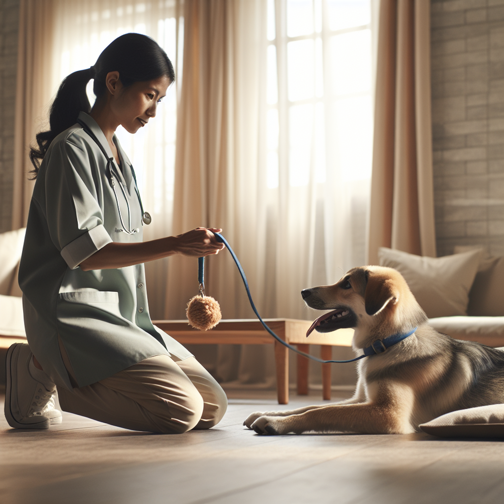 Trainer guides a mixed breed to release a tug toy and settle on a place bed in a calm UK home