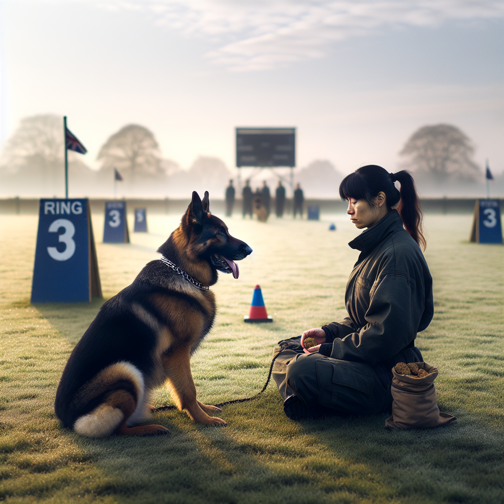 Trainer and German Shepherd practising a calm pre trial warm up on a quiet UK competition field
