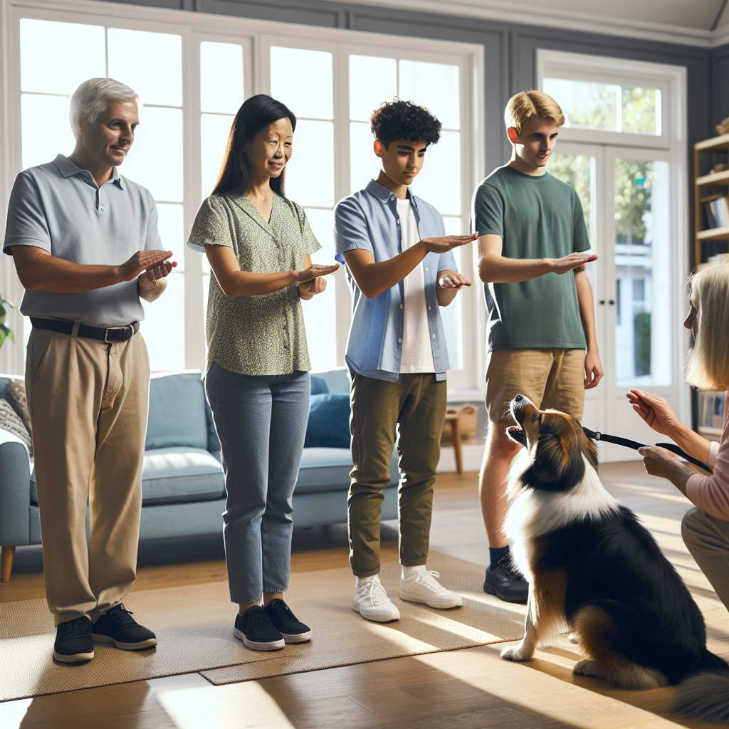 UK family practising consistent dog cues in a living room with a trainer guiding timing and hand signals