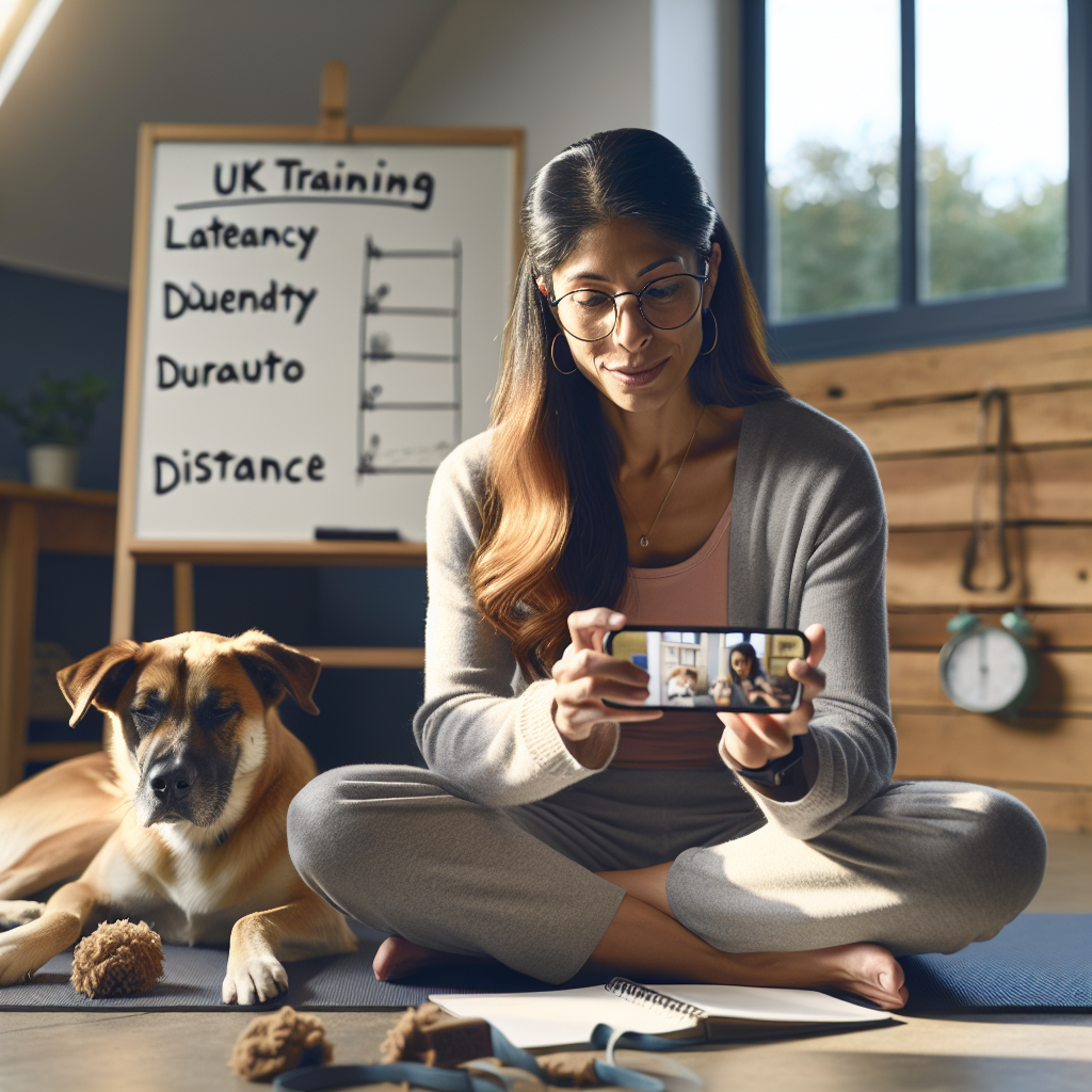 UK dog trainer reviewing session video while a calm dog relaxes on a mat with training metrics on a whiteboard