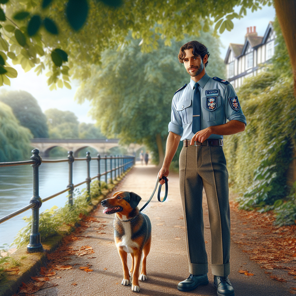 Trainer guiding a mixed breed dog on a loose lead beside a leafy riverside path in a UK town