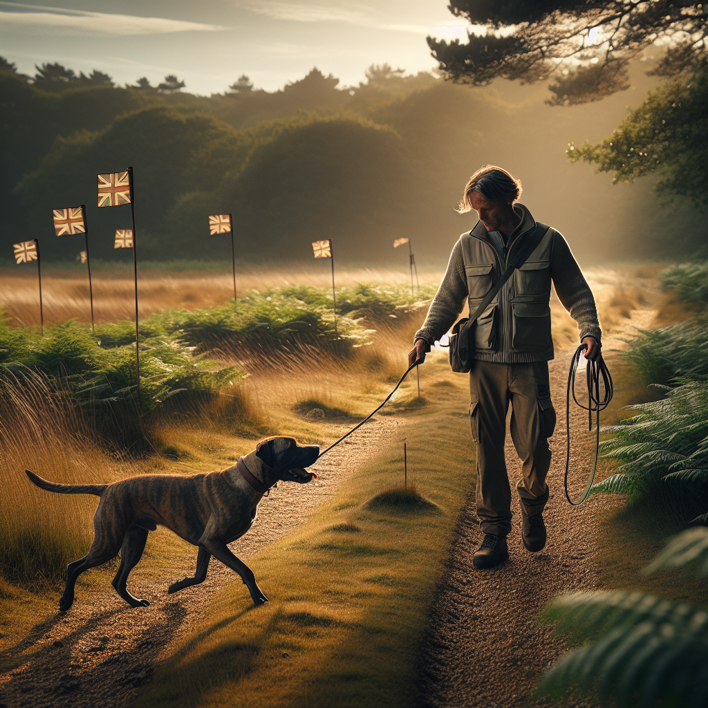 UK trainer guiding a focused dog on a tracking line across grass, path, and woodland edge with wind flags