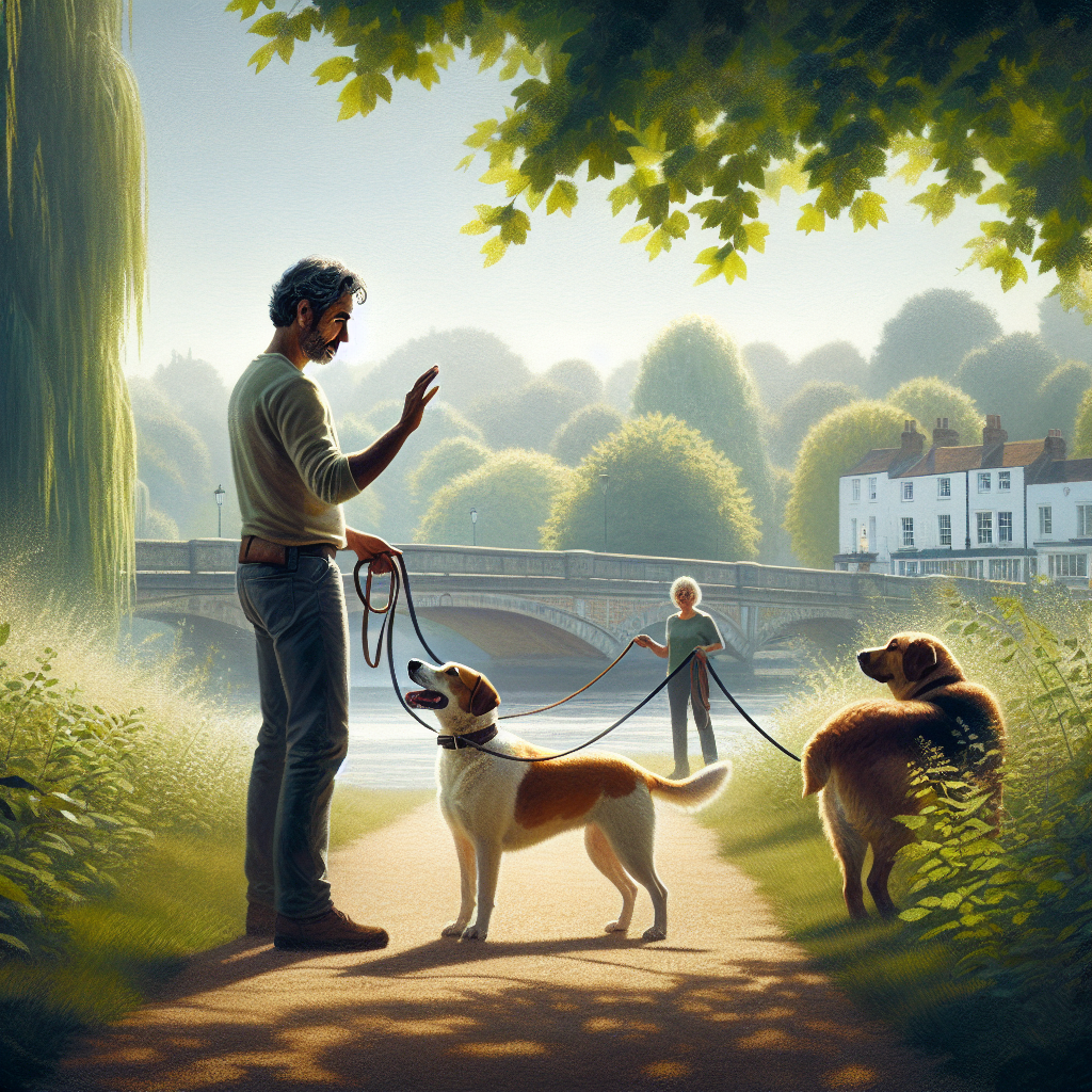Trainer practising loose lead walking with a family dog by a riverside path in Sunbury-on-Thames