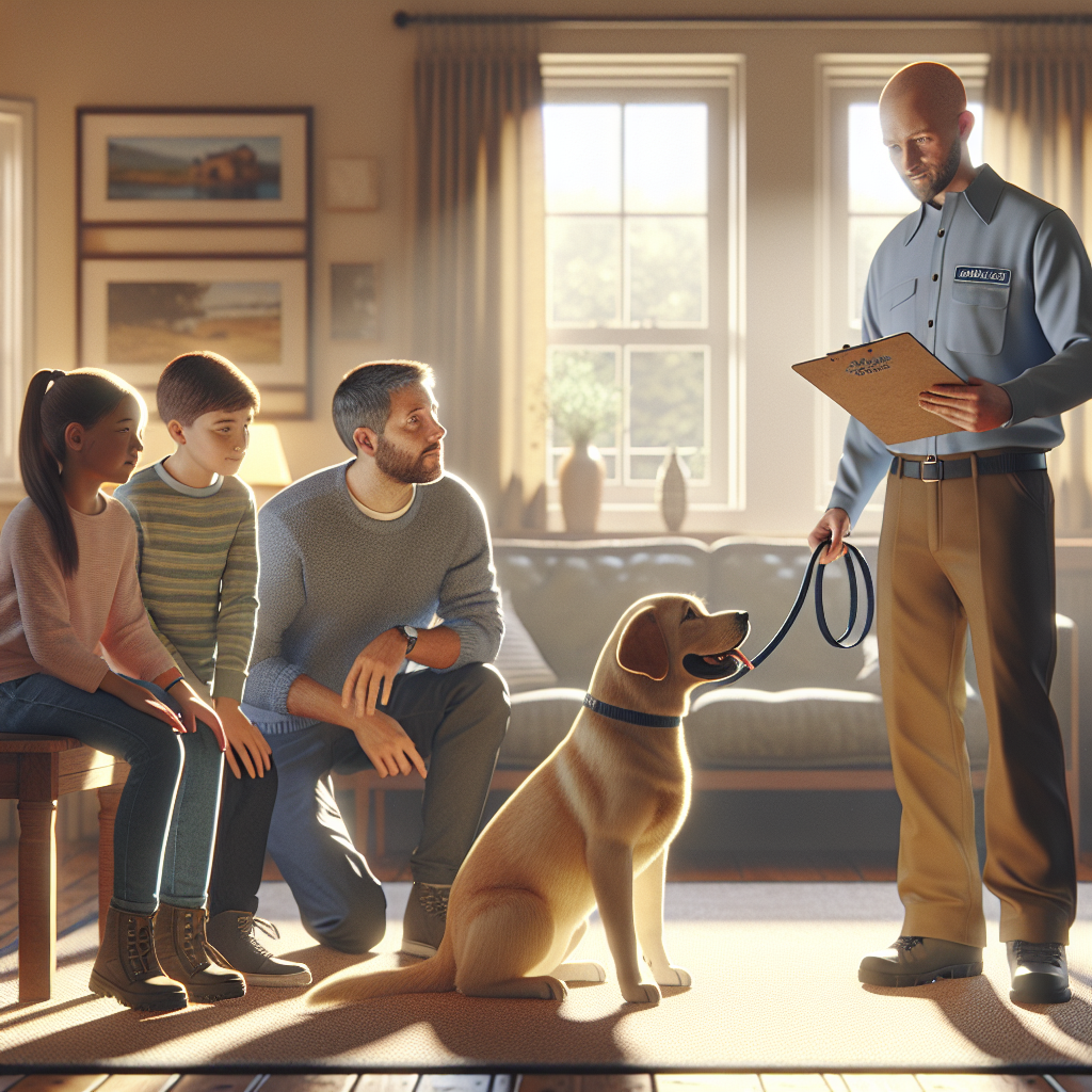UK family and Smart Master Dog Trainer practise unified handling and handover with a calm Labrador in a bright living room