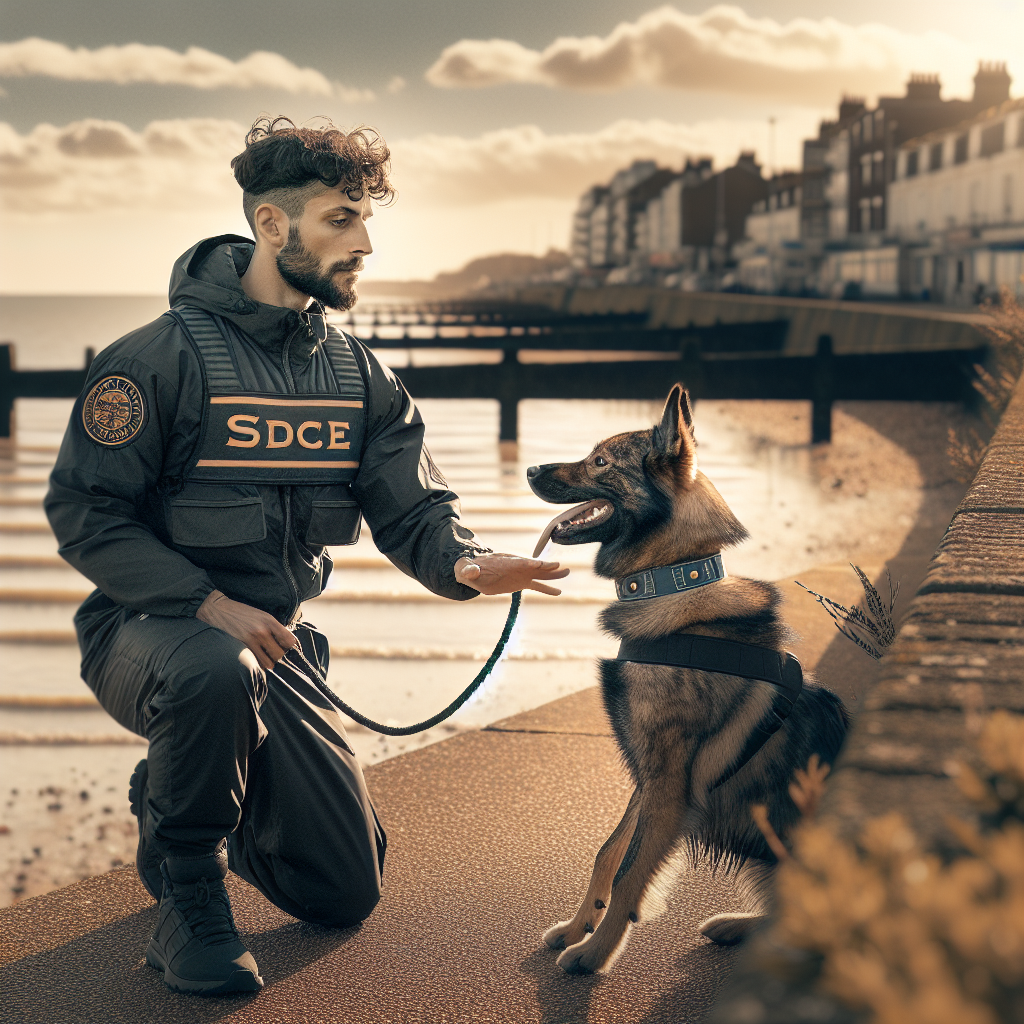 Trainer guiding a mixed-breed dog in heel and recall on a UK coastal promenade in Lee-on-the-Solent