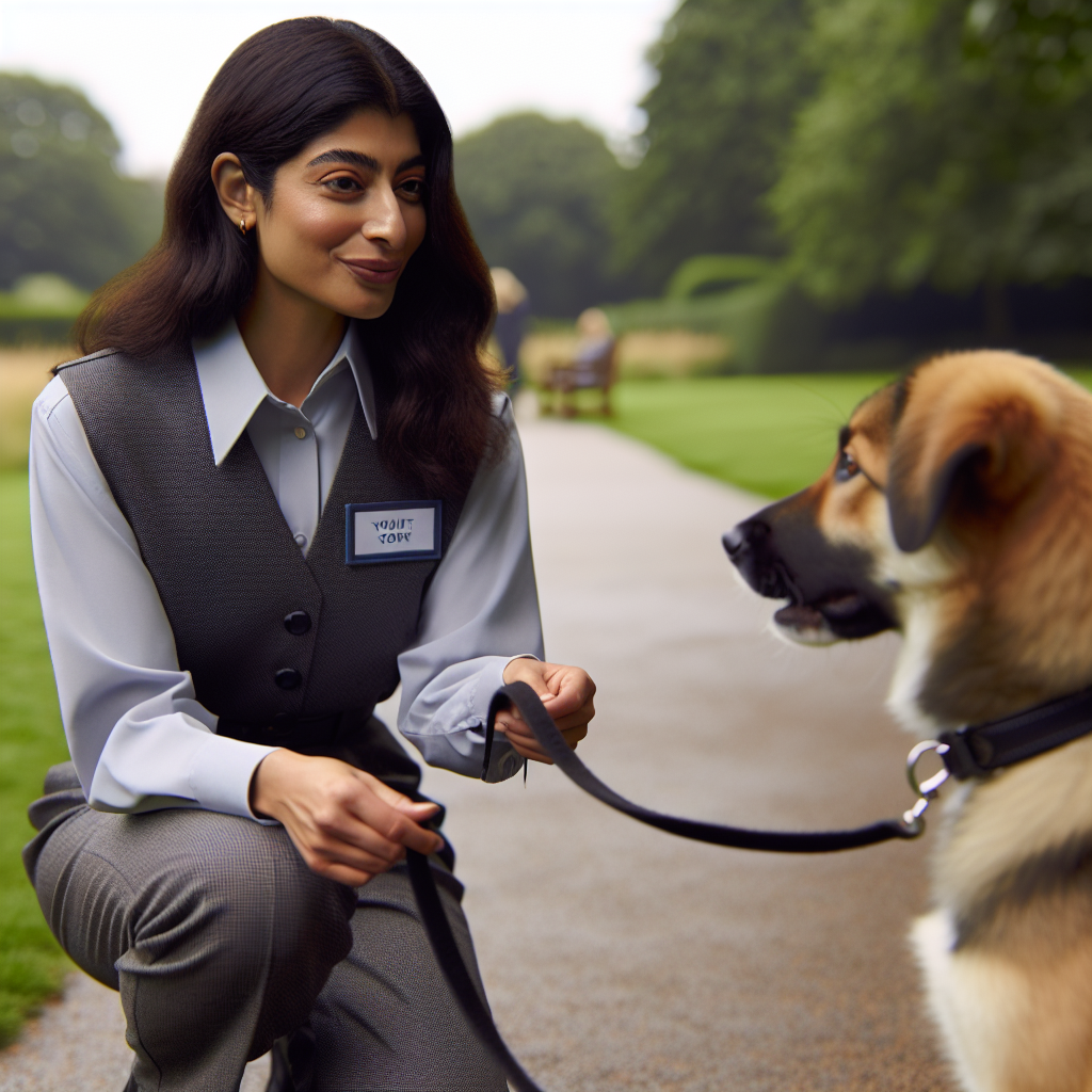 SMDT guiding a young dog on a lead to focus on a place bed in a UK park