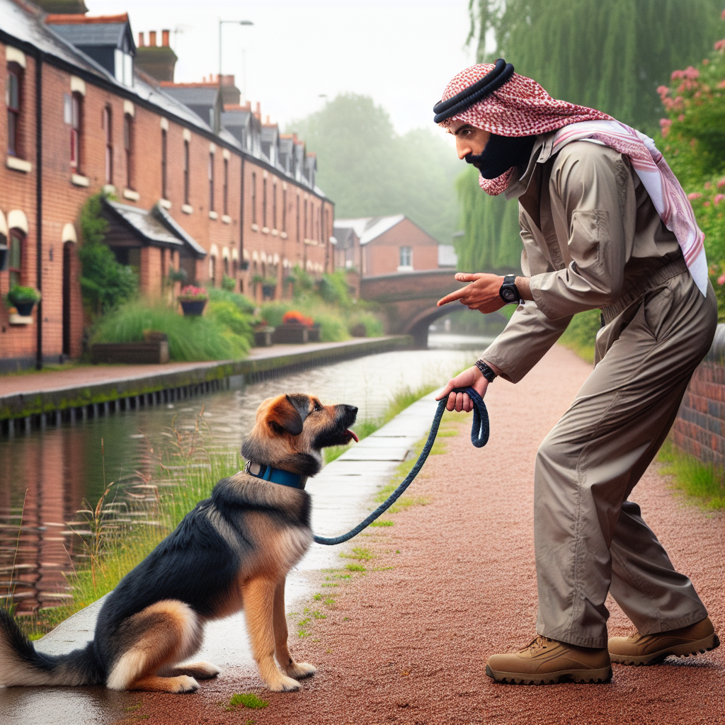 Trainer practicing heel and recall with a mixed breed dog on a quiet canal path in Middlewich