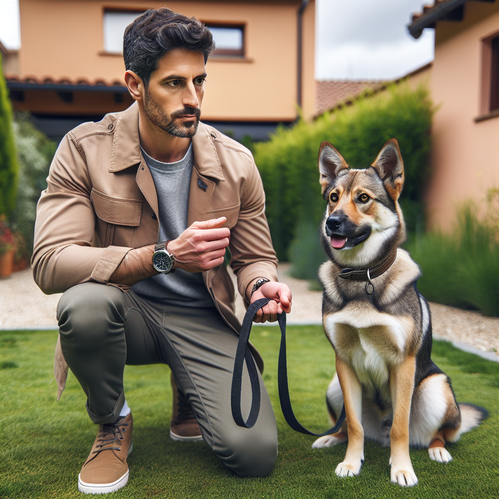 Smart trainer guiding a dog through a calm sit stay with a loose lead in a UK garden