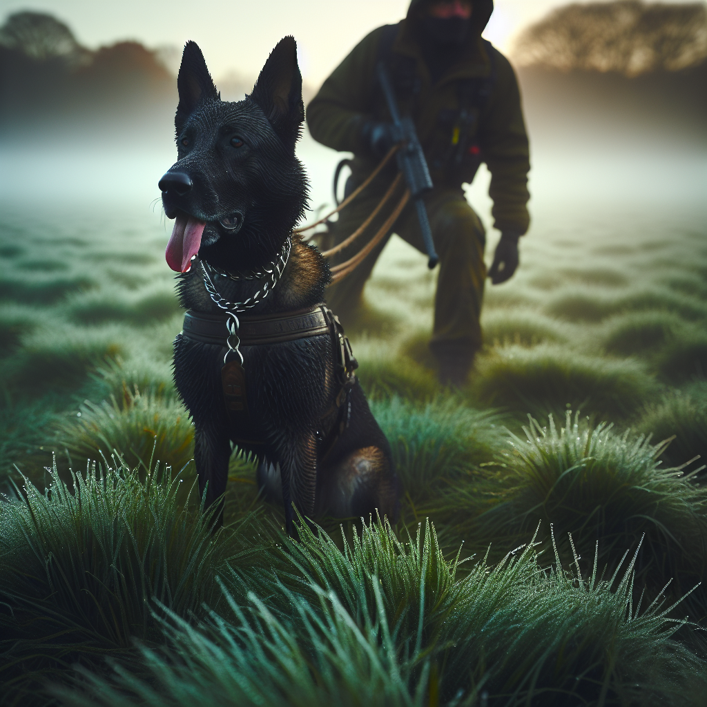 IGP dog tracking nose to ground on wet grass with a handler managing a line on a misty UK morning