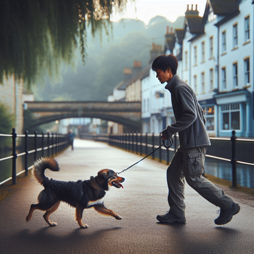 Smart trainer practising loose lead walking with a dog on a riverside path in a UK market town