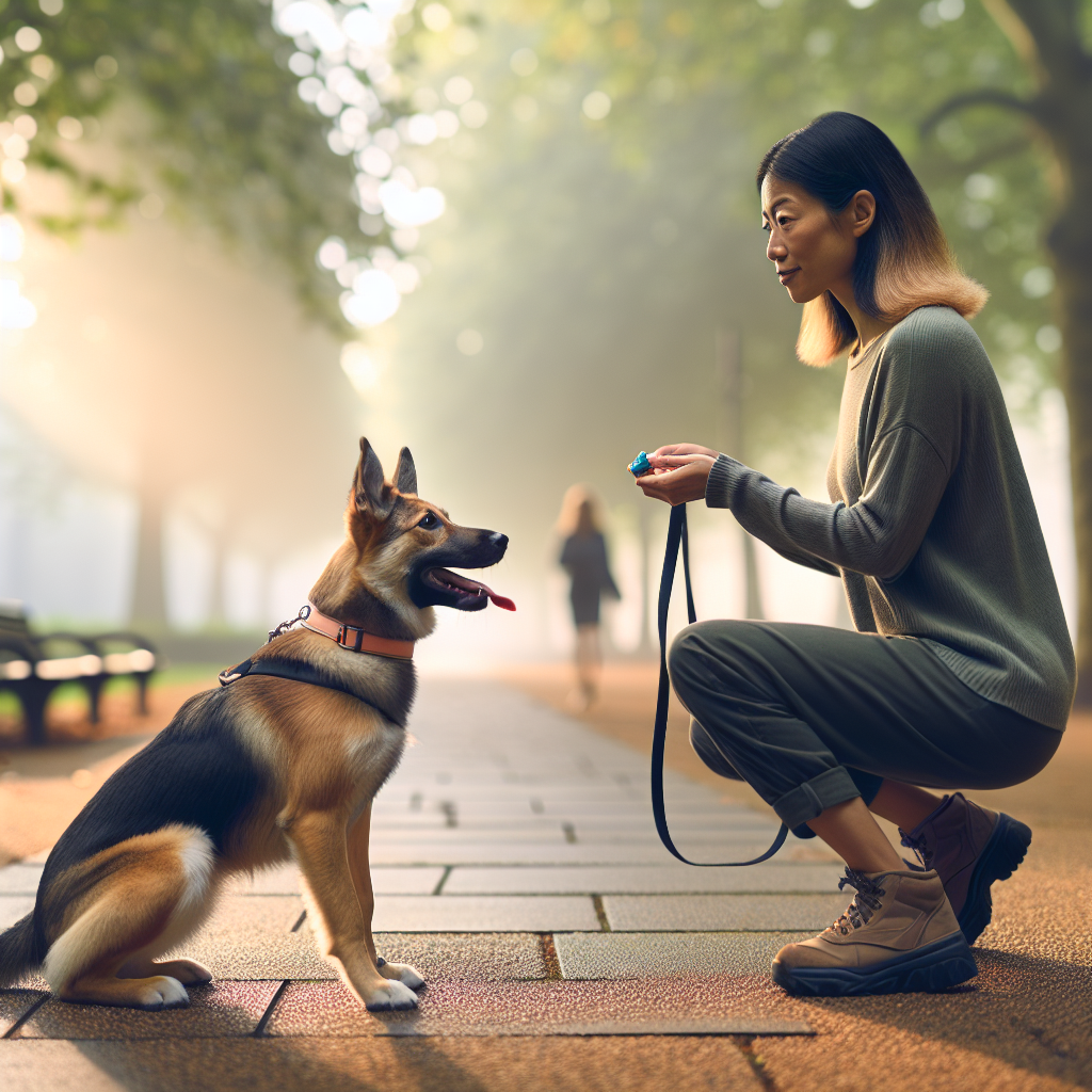 Trainer practising loose lead focus with a mixed breed dog in a UK park with light foot traffic