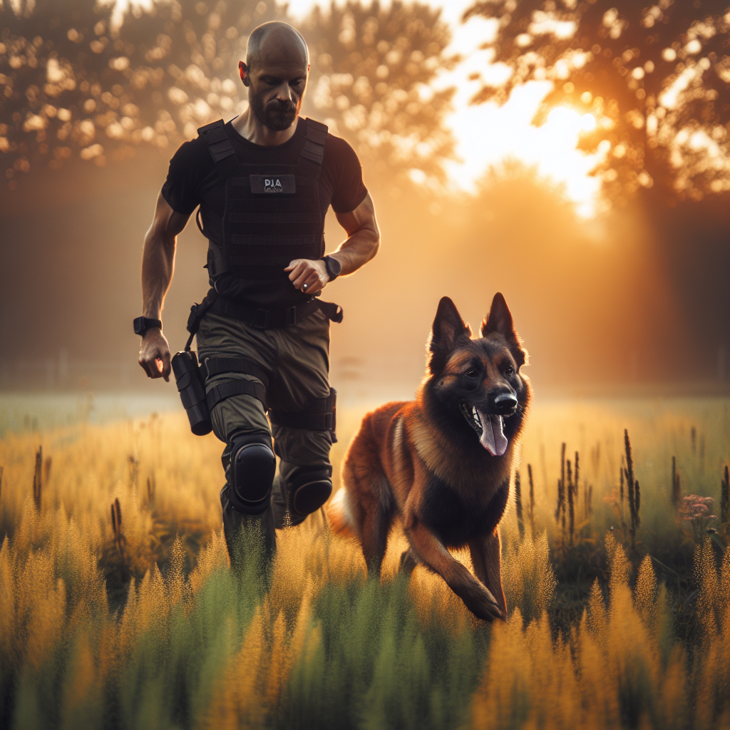 Sport dog team practicing focused heelwork on a UK field at sunrise