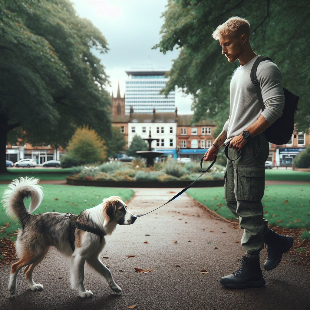 UK trainer practising loose lead walking and recall with a mixed-breed dog in a Coventry city park