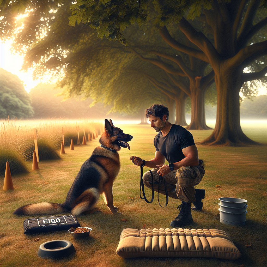 Trainer and German Shepherd practising focused heeling in shade with cooling gear on a warm UK day