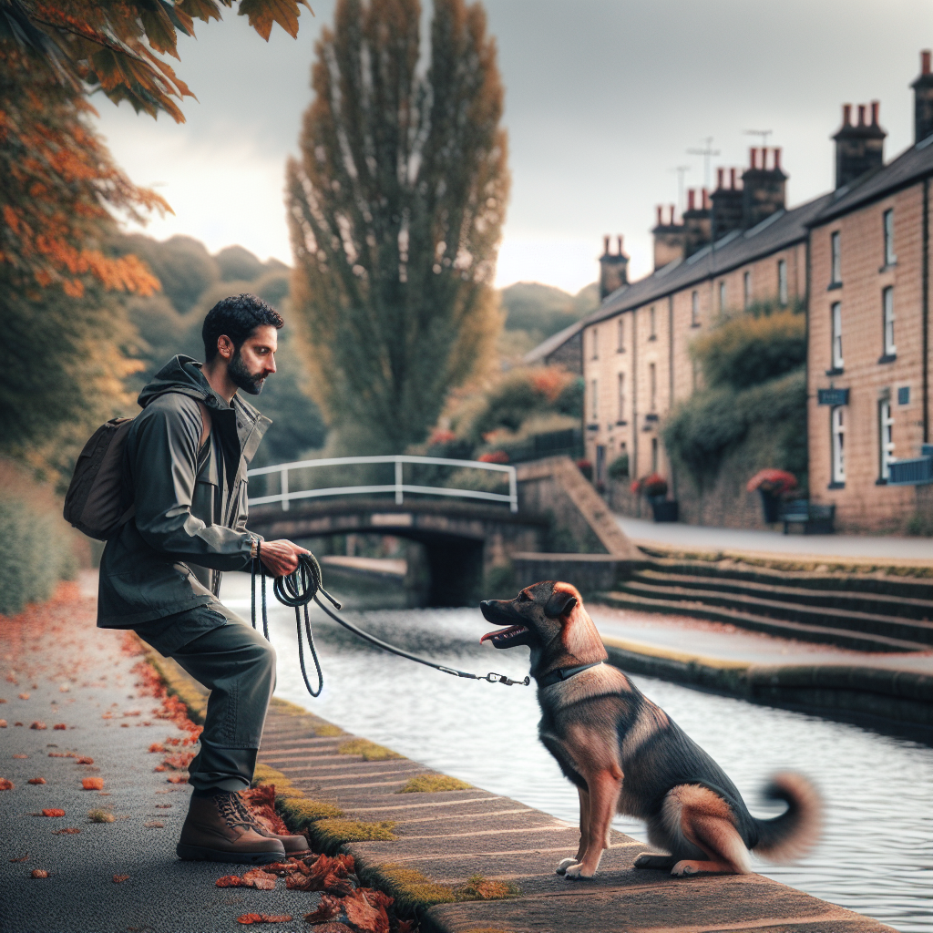 Smart trainer practising recall with a mixed breed dog beside a canal towpath near Brighouse
