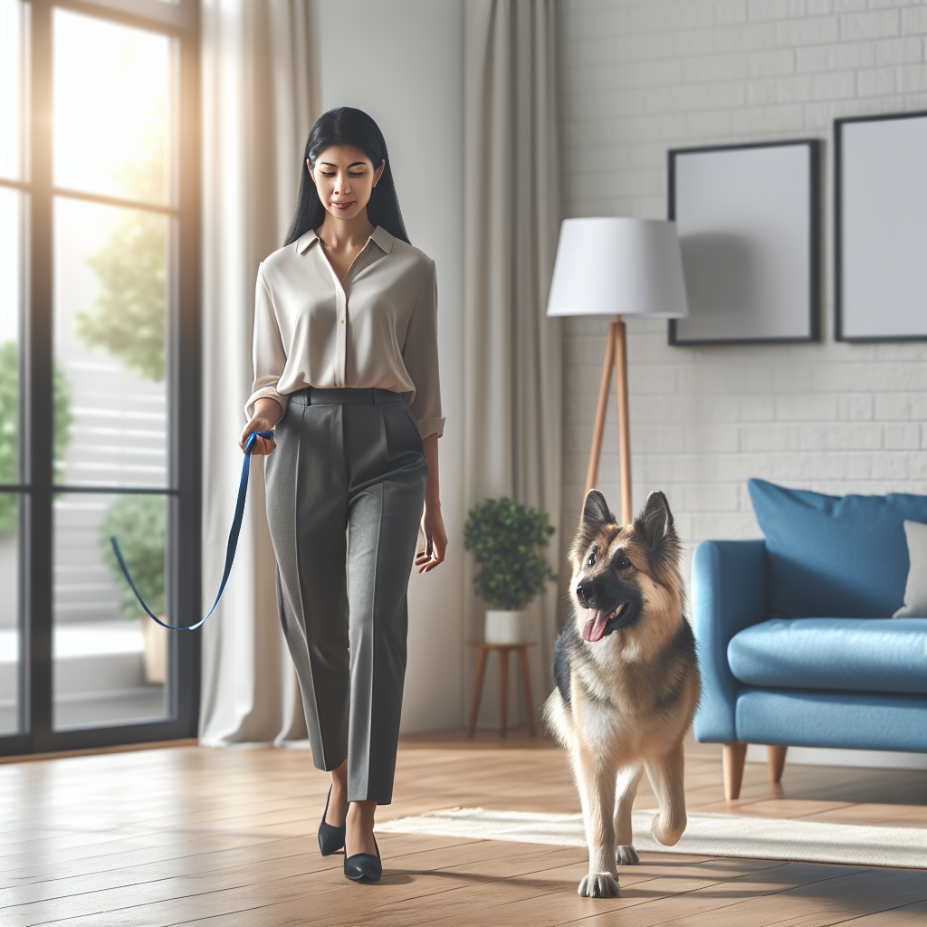 Trainer guiding a dog to follow at their side in a modern UK living room with a light house line