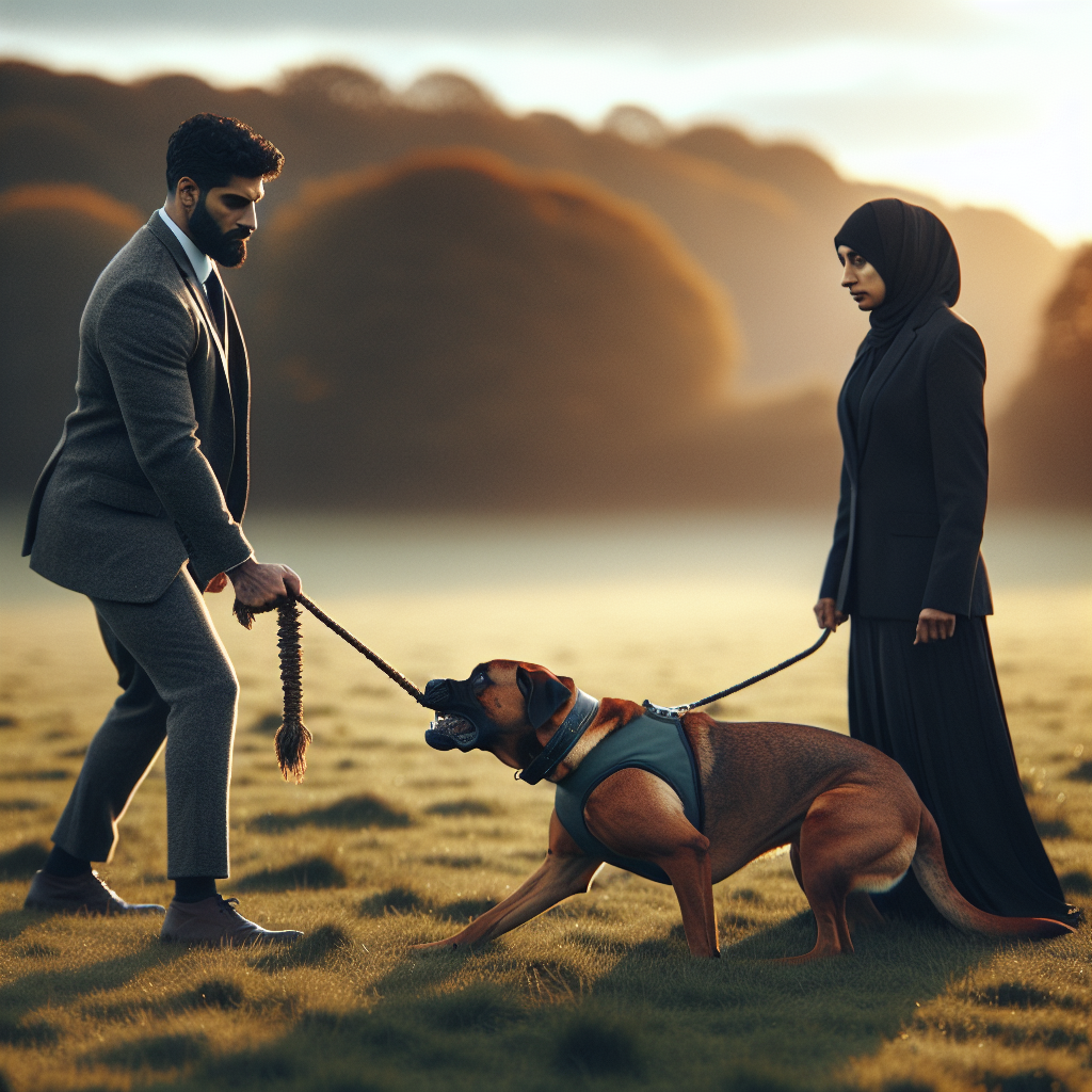 Trainer balancing prey and defensive instincts with a working-breed dog during tug and out in a UK field