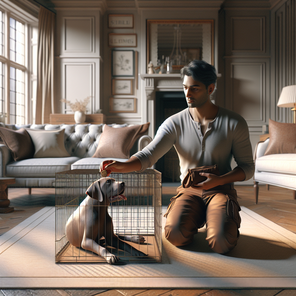 Dog settling quietly in a crate while a UK trainer calmly marks silence in a bright living room