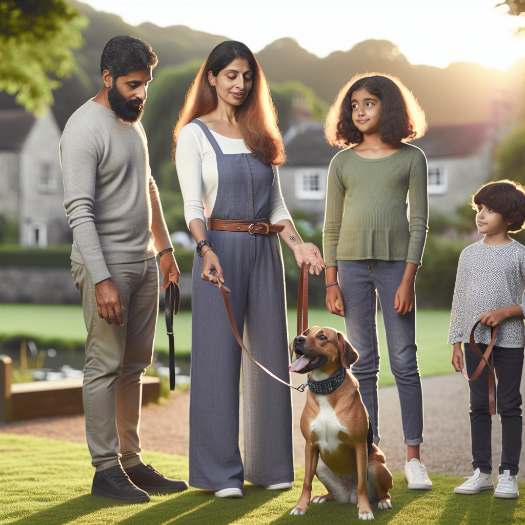 Smart trainer coaching a family and their dog on loose lead walking in a leafy UK village green