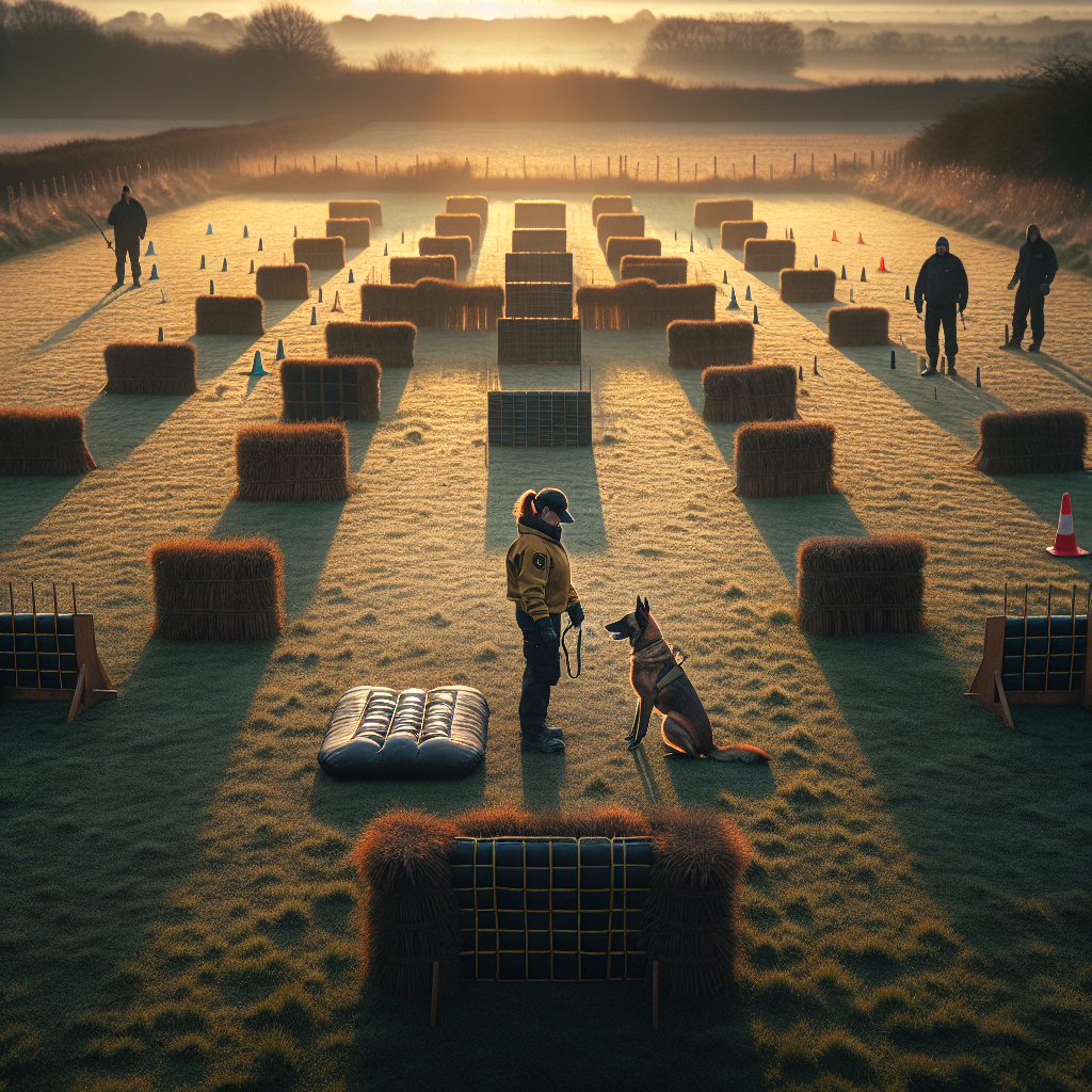 IGP trial field with handler, working dog, and helper on a well prepared UK venue at sunrise