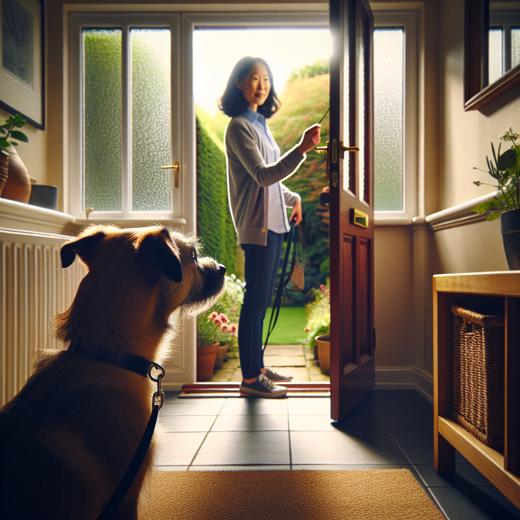 Trainer guiding a calm dog to wait at an open front door before release