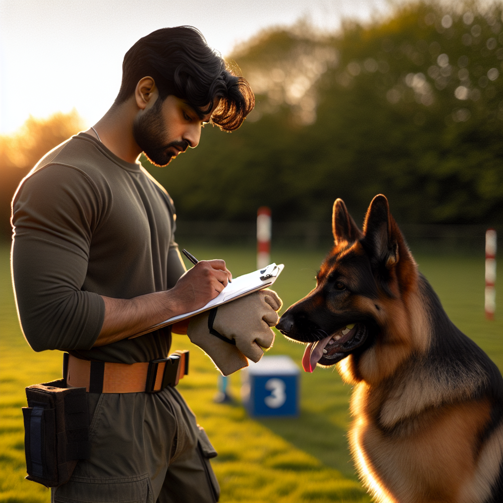 Smart trainer evaluating a German Shepherd's full calm grip on a sleeve in a UK field