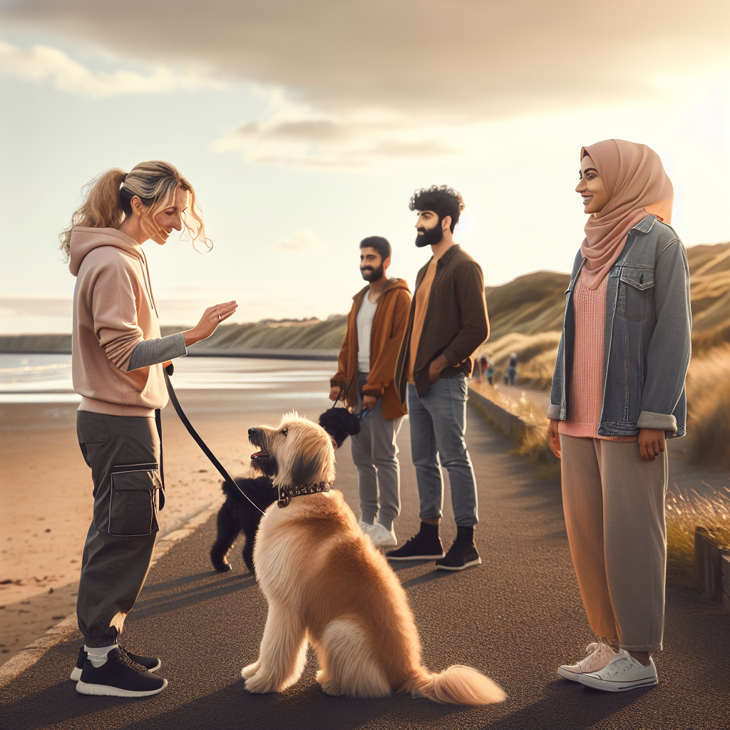 UK trainer guiding a family and their dog on a coastal promenade, practising focus and loose lead walking