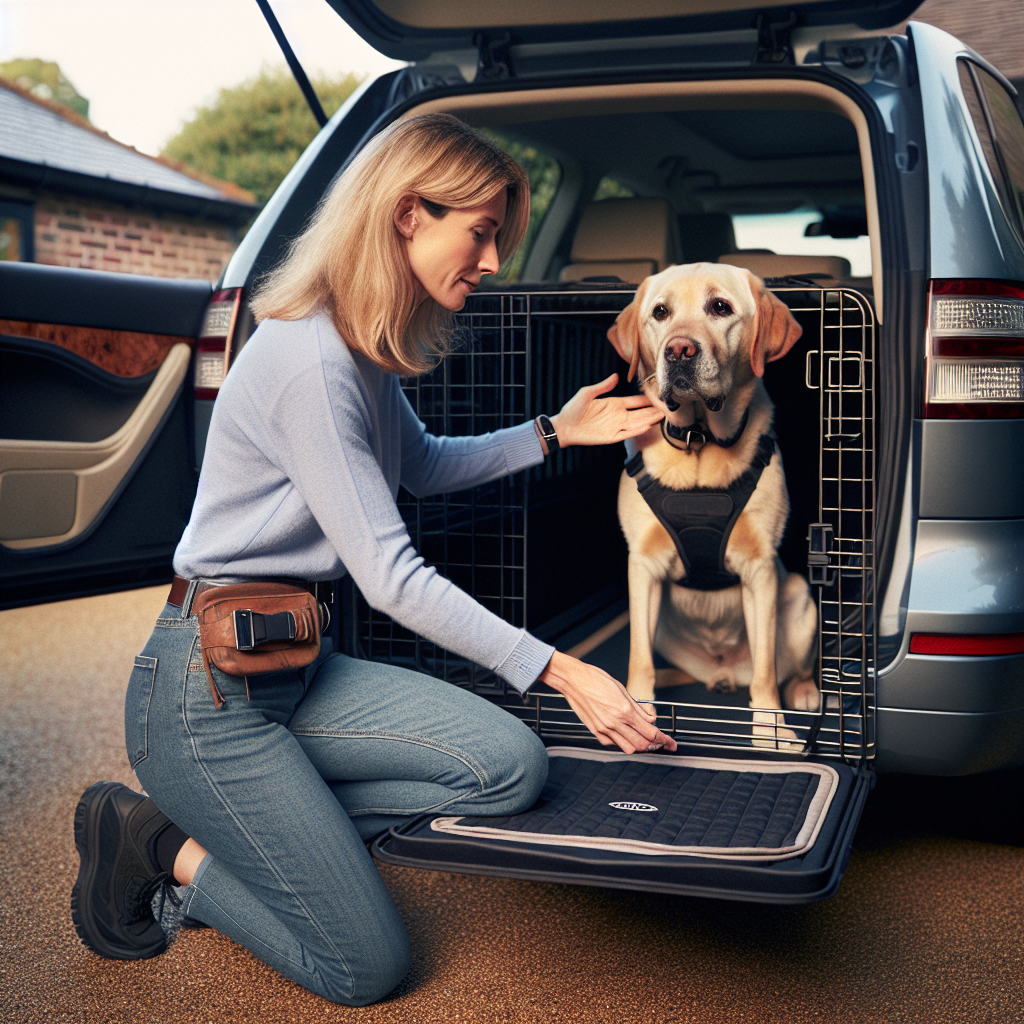 Trainer helps a Labrador settle calmly in a secured car crate in a UK driveway