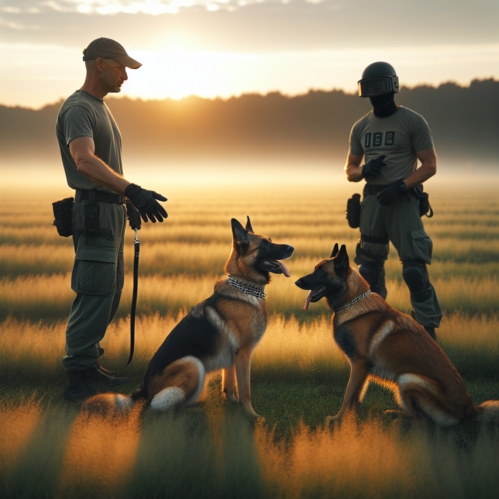 Trainer working obedience and grip with a German Shepherd and a Belgian Malinois on a UK IGP field at sunset