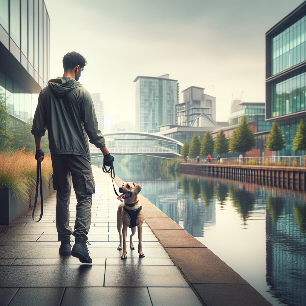 Trainer guiding a mixed-breed dog on a Salford riverside path, practising heelwork and recall