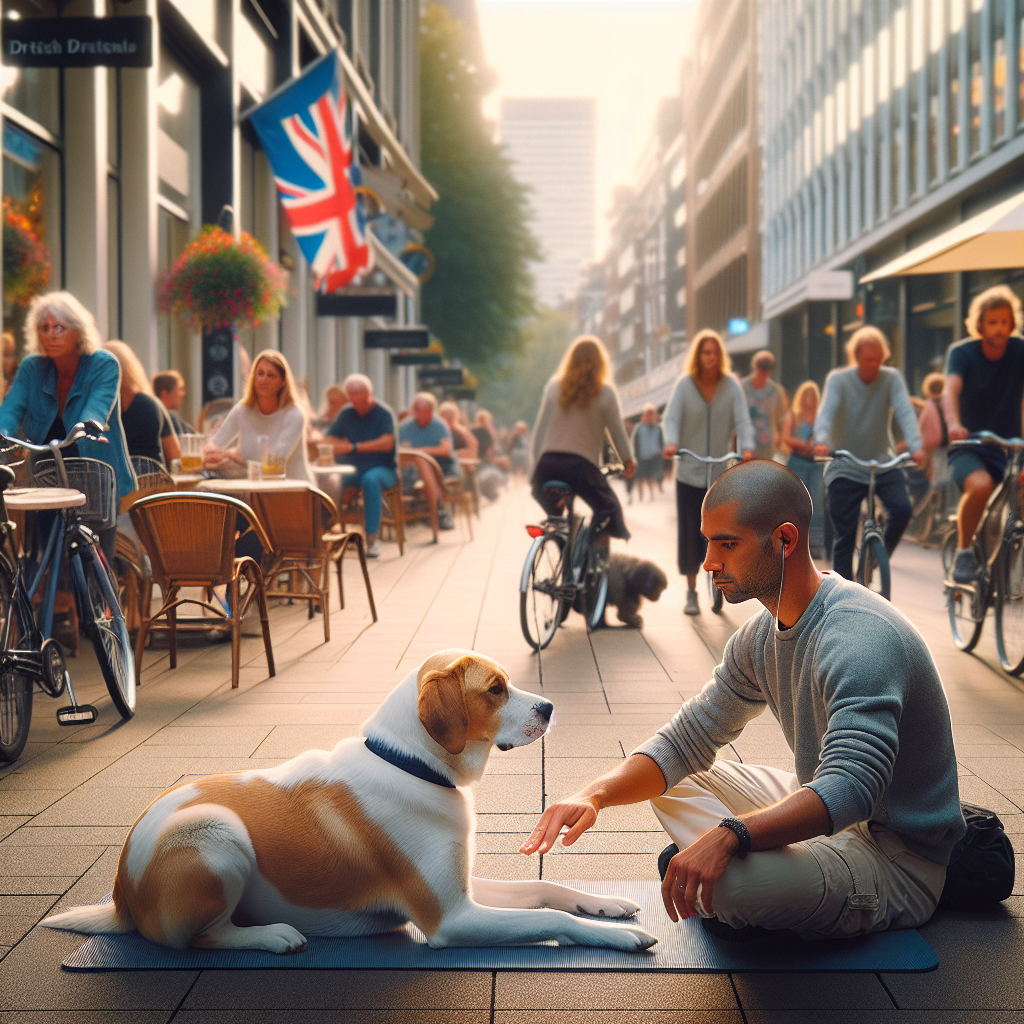 UK trainer helping a calm dog settle on a mat at an outdoor cafe with people and bikes passing by