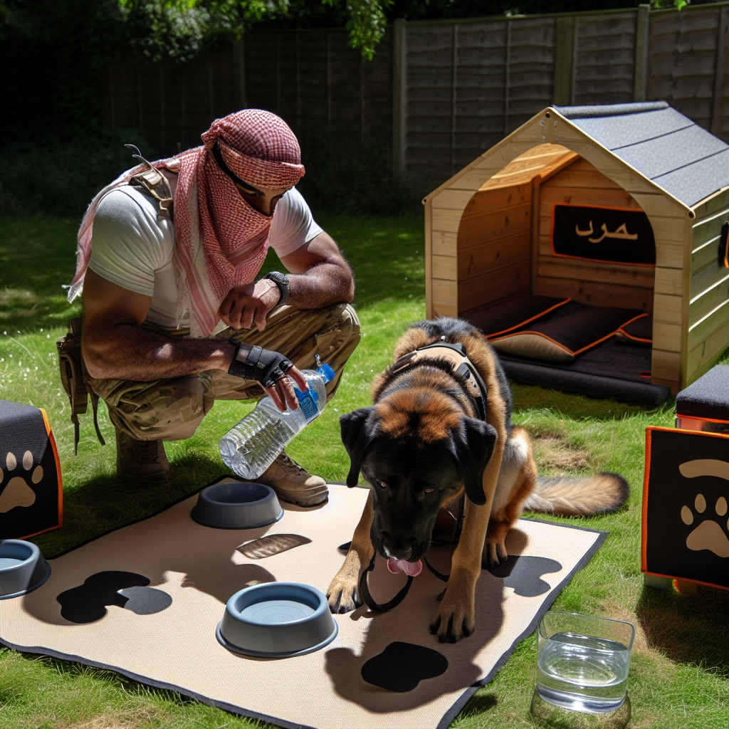 UK trainer giving a working-breed dog measured water under shade during hot weather training on grass