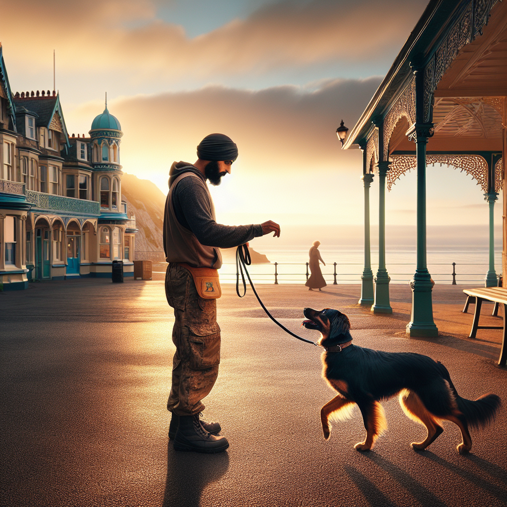 Trainer working on loose lead heel with a mixed breed dog by a UK seaside promenade at sunset