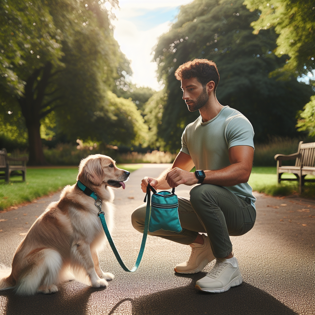 Trainer rewarding a mixed breed dog for yielding to gentle leash pressure in a UK park