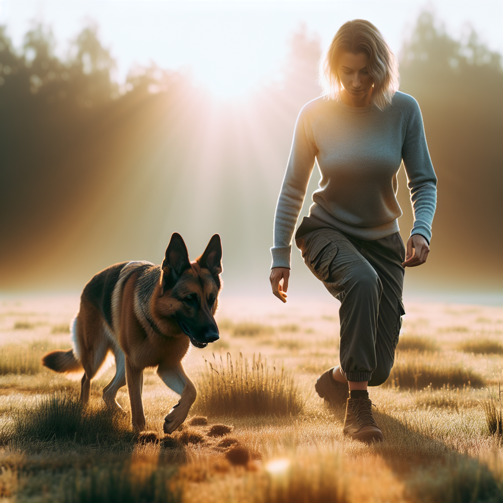 Trainer laying a steady heel to toe rhythm while a German Shepherd tracks footprints in a UK field