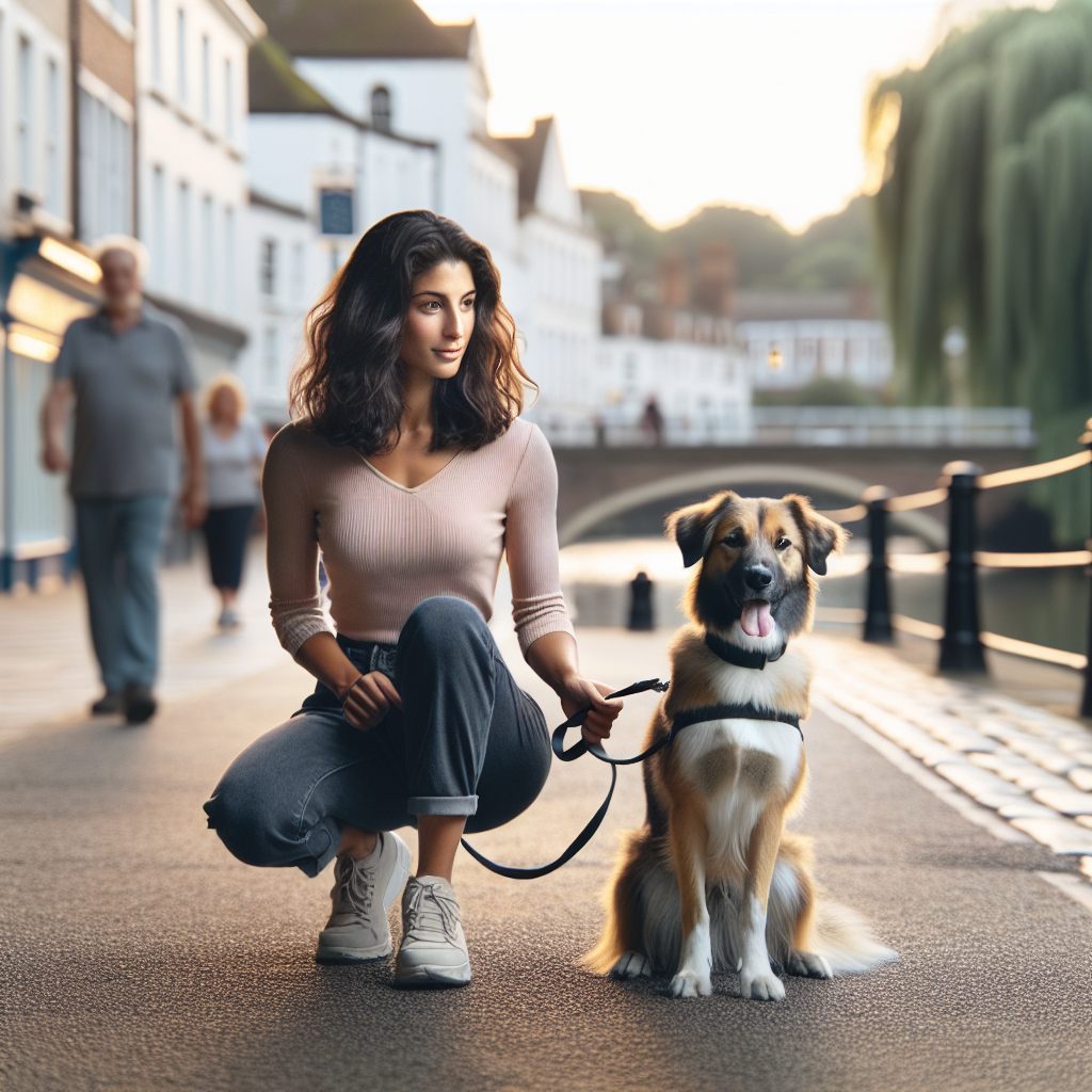 Trainer practising loose lead walking and a calm sit with a dog on a historic Rochester street