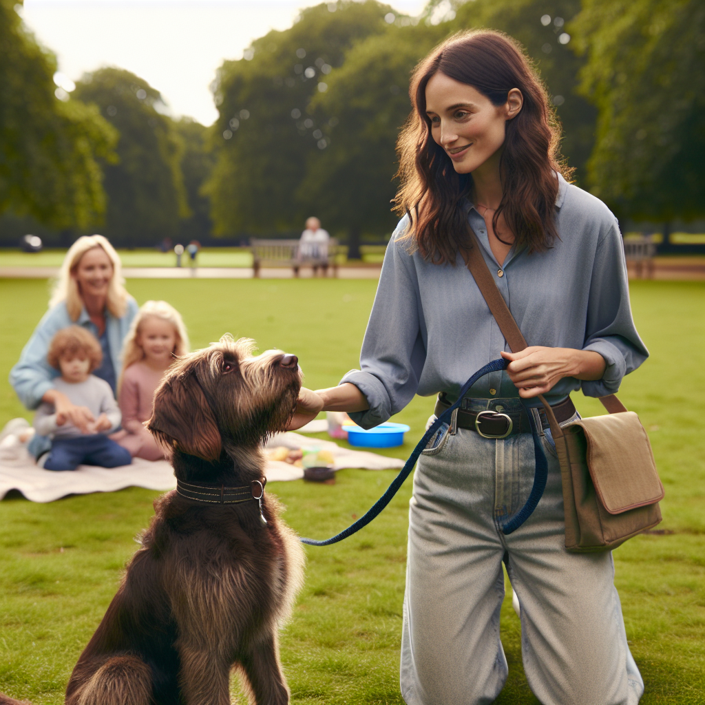 UK trainer helping a family dog hold focus during a calm sit on a place bed in a park